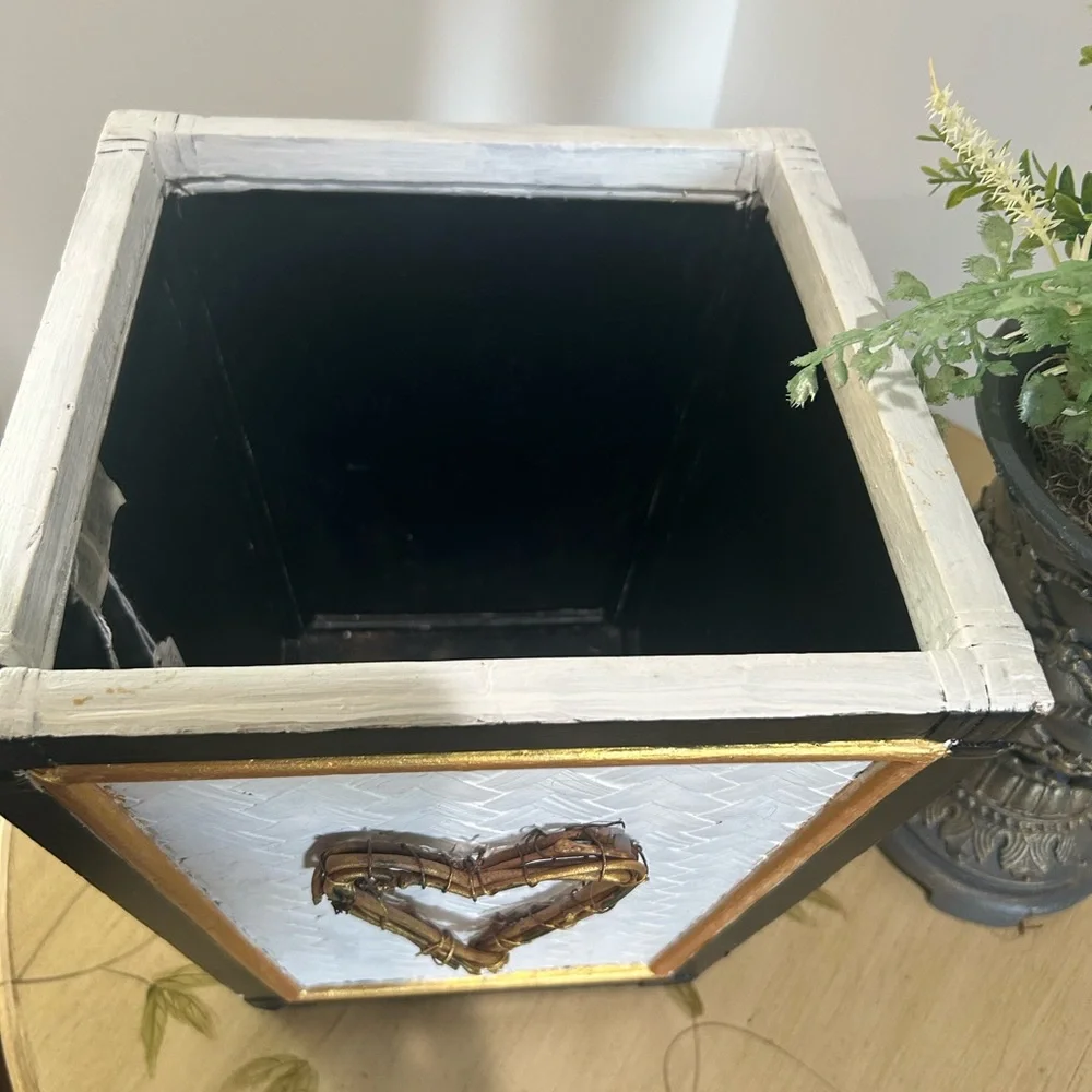 Black White & Gold Wood Indoor or Outdoor Planter or Waste Basket or Storage Bin - Picture 7 of 8